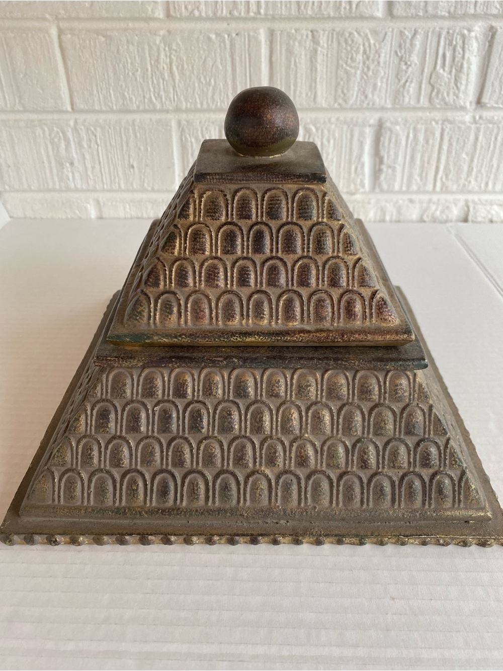 Decorative Egyptian Pyramid Trinket Box in Antiqued Bronze and Gold Tones